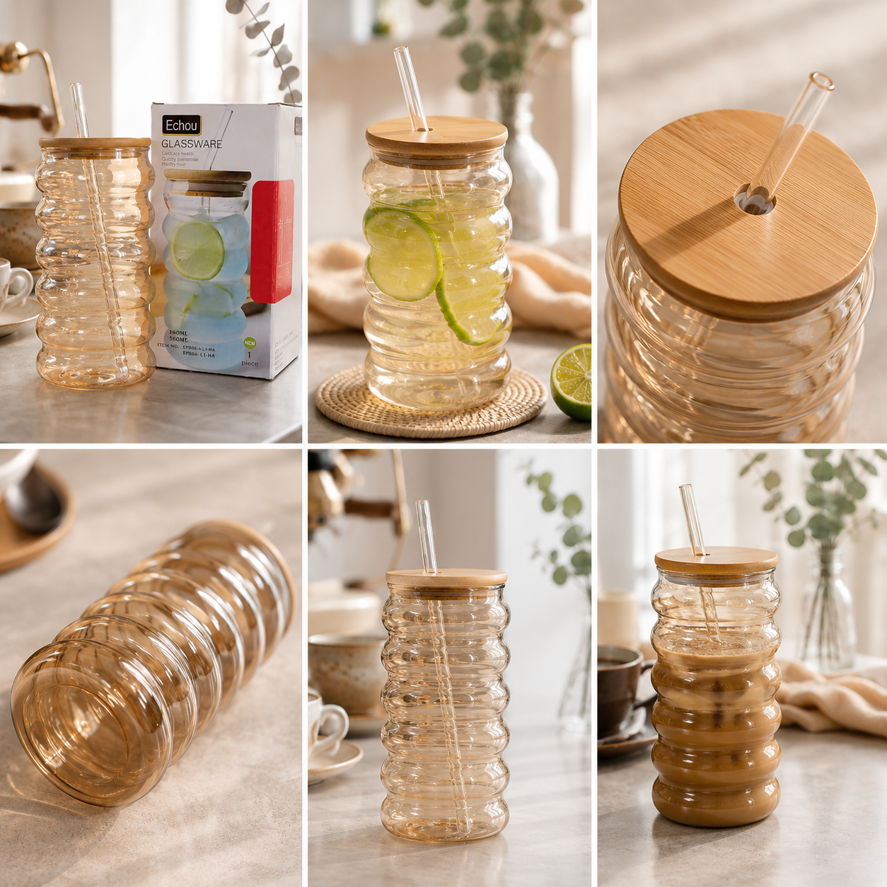 580ml Amber Ribbed Glass Tumbler with Bamboo Lid & Glass Straw
