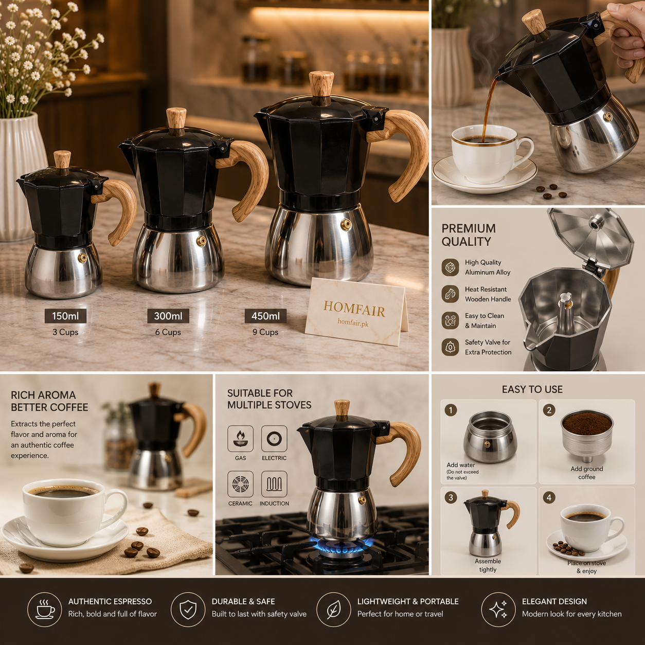 Luxury Wooden Handle Italian Moka Coffee Maker – Stovetop Espresso Pot