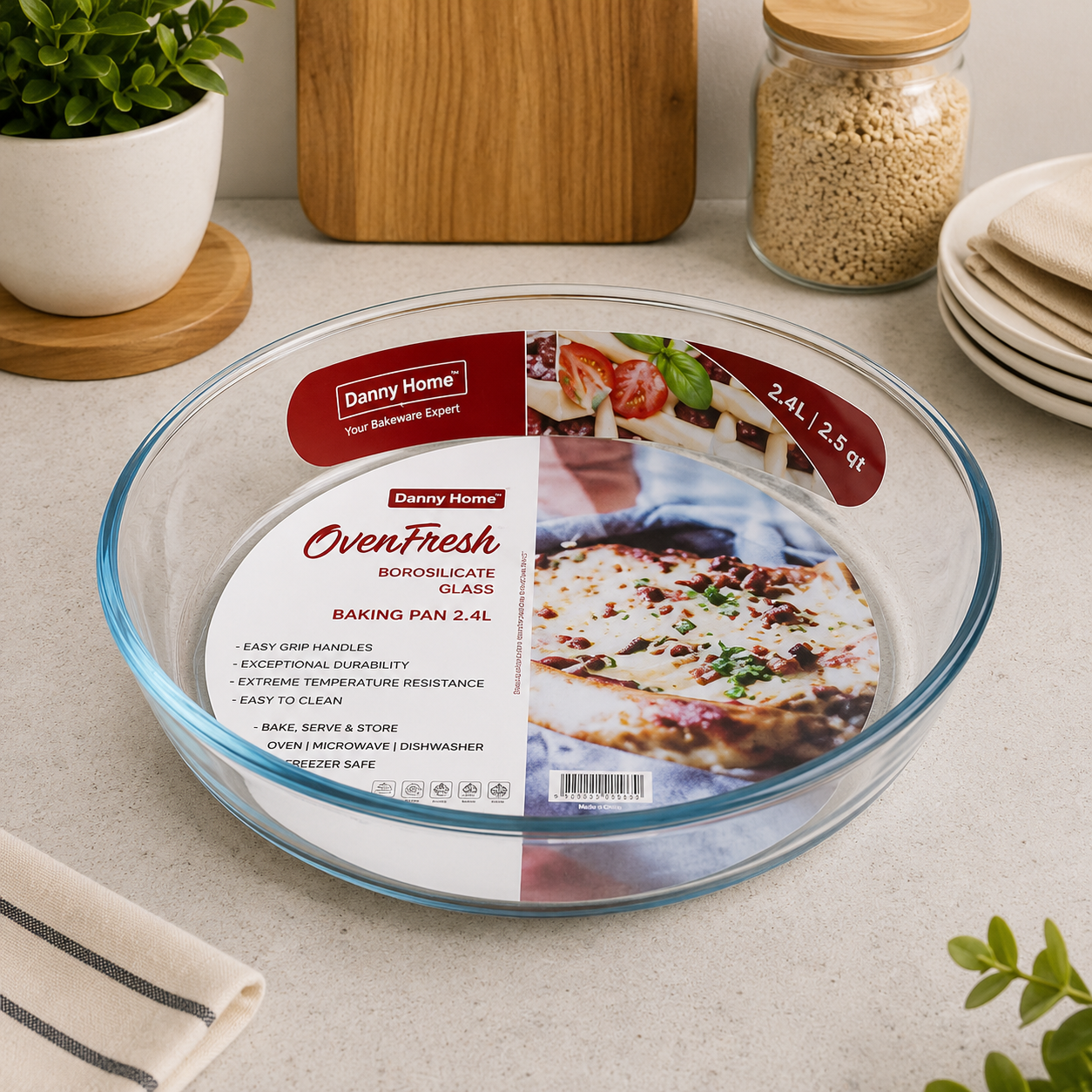 Danny Home Round Borosilicate Glass Baking Pan – 2.4L