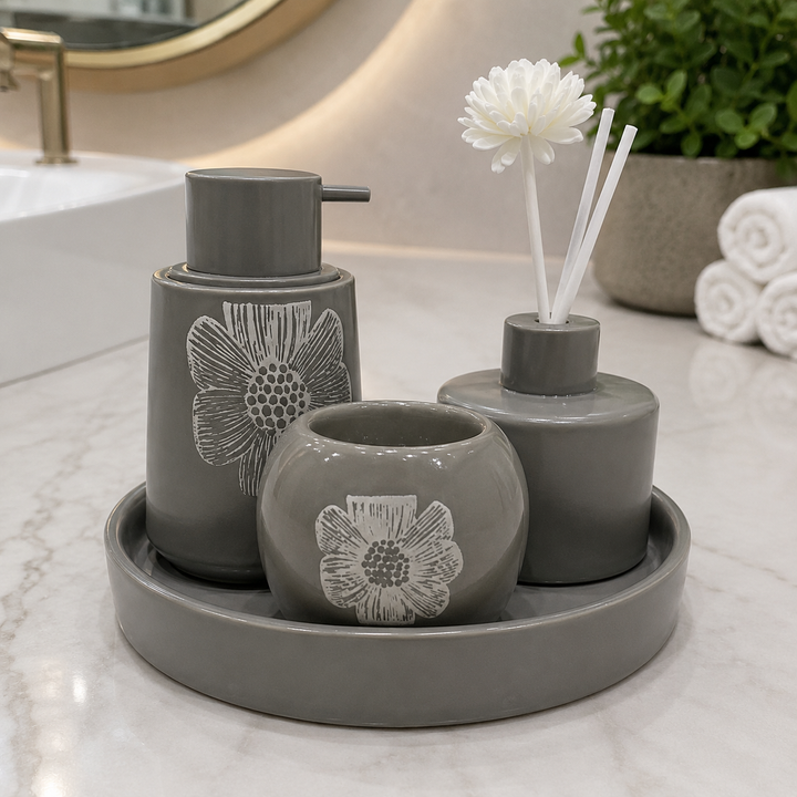 Luxury Ceramic Bathroom Accessory Set with Soap Dispenser, Tumbler & Diffuser Tray