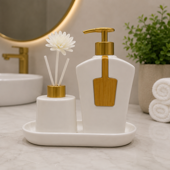 Luxury Ceramic Bathroom Accessory Set with Soap Dispenser & Reed Diffuser