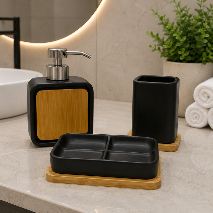 Modern Black Ceramic Bathroom Accessory Set with Bamboo Accents
