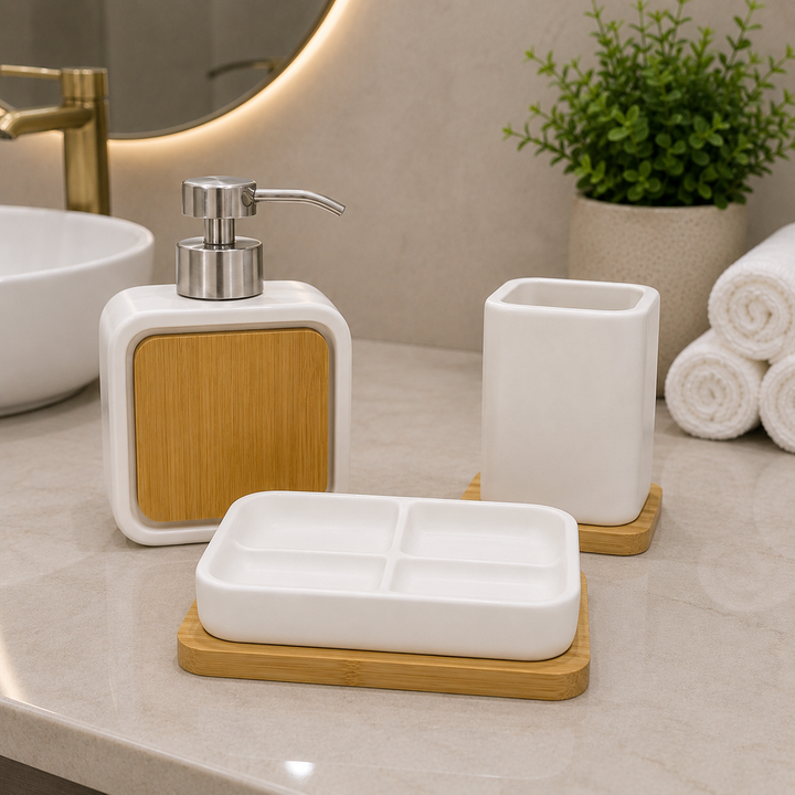 Premium White Ceramic Bathroom Organizer Set with Bamboo Accents