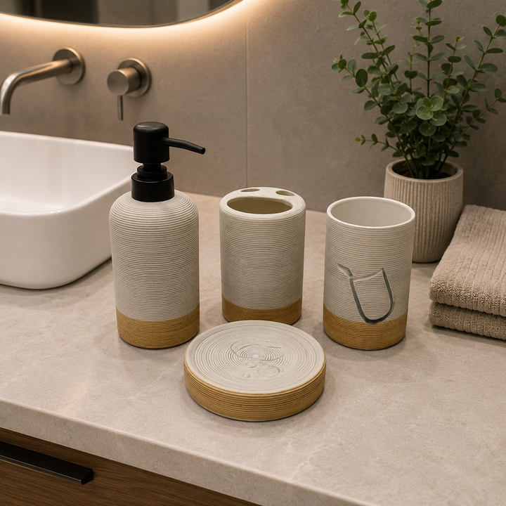4-Piece Ribbed Ceramic Bathroom Accessories Set – Ivory & Sand Beige