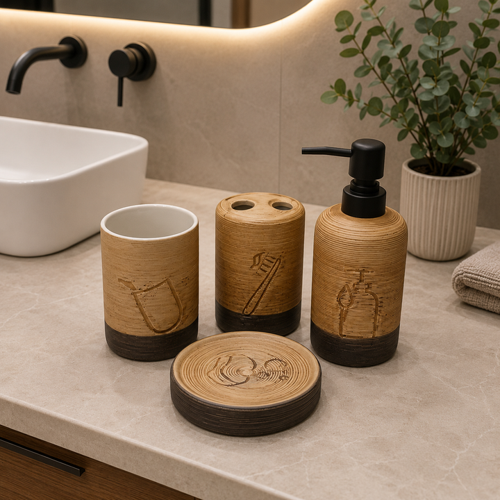 4-Piece Rustic Ceramic Bathroom Accessories Set – Woodgrain Collection