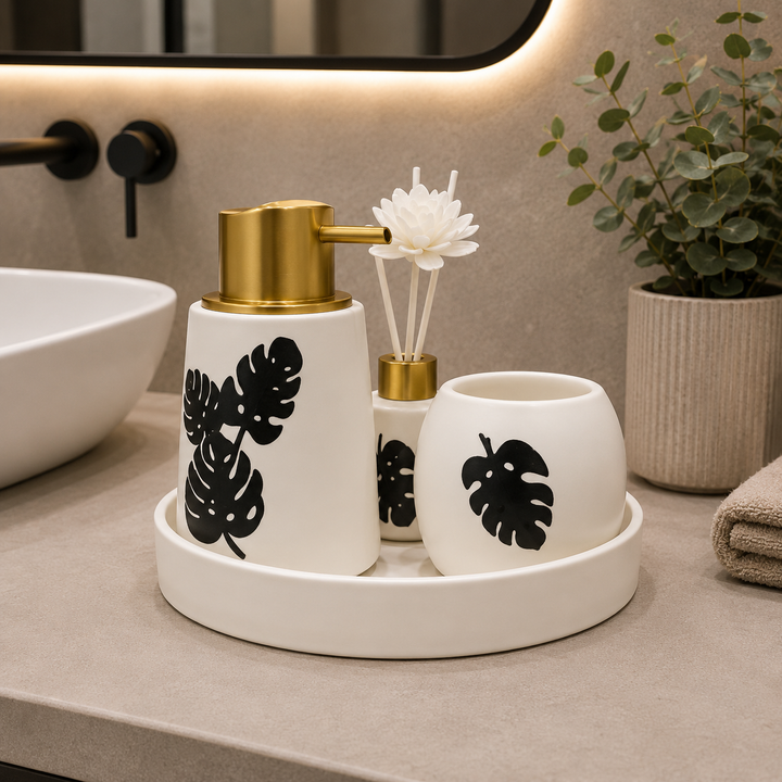 3-Piece Ceramic Bathroom Accessories Set with Tray – White Monstera Collection