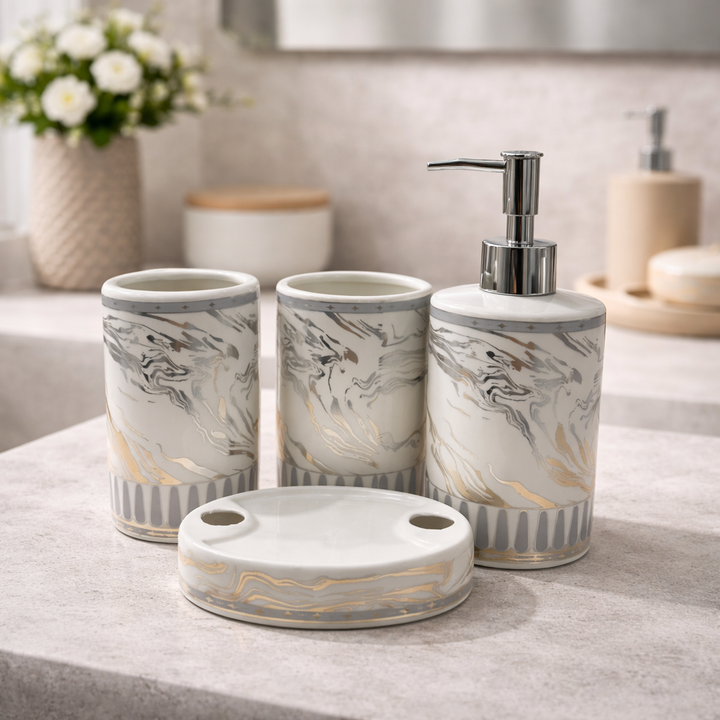 Monochrome Silver Marble 4-Piece Bath Accessory Set