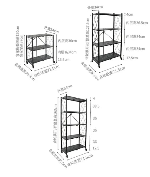 Foldable Heavy-Duty Multilayers Kitchen Storage Rack with Wheels