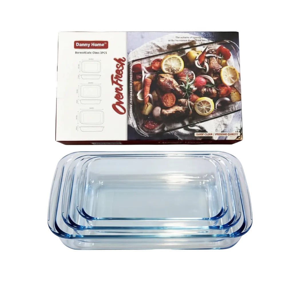 Danny Home Premium 3-Piece Glass Dish Set 1L, 2.2L & 3L for Elegant Everyday Dining & Kitchen Use