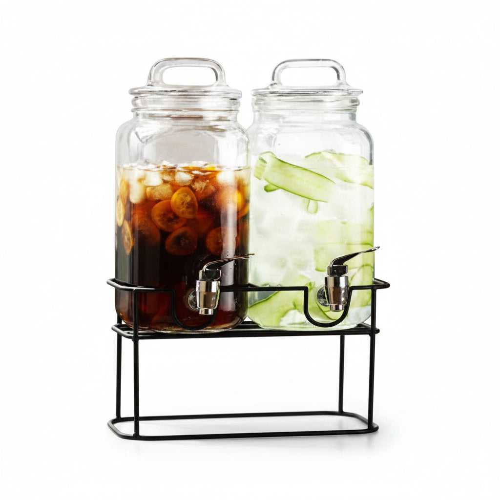 Danny Home Premium 3-Piece Double Beverage Dispenser Set with Metal Stand, 2300ml Capacity for Elegant Entertaining