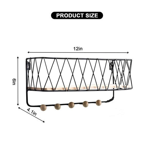 Luxury Nordic Wall Basket Shelf with Wooden Hooks | Modern Metal Storage Organizer Rack