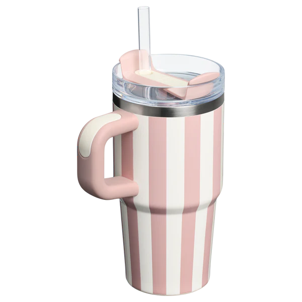Stanley 20oz Pink & White Striped Tumbler with Handle and Straw Premium Insulated Cup