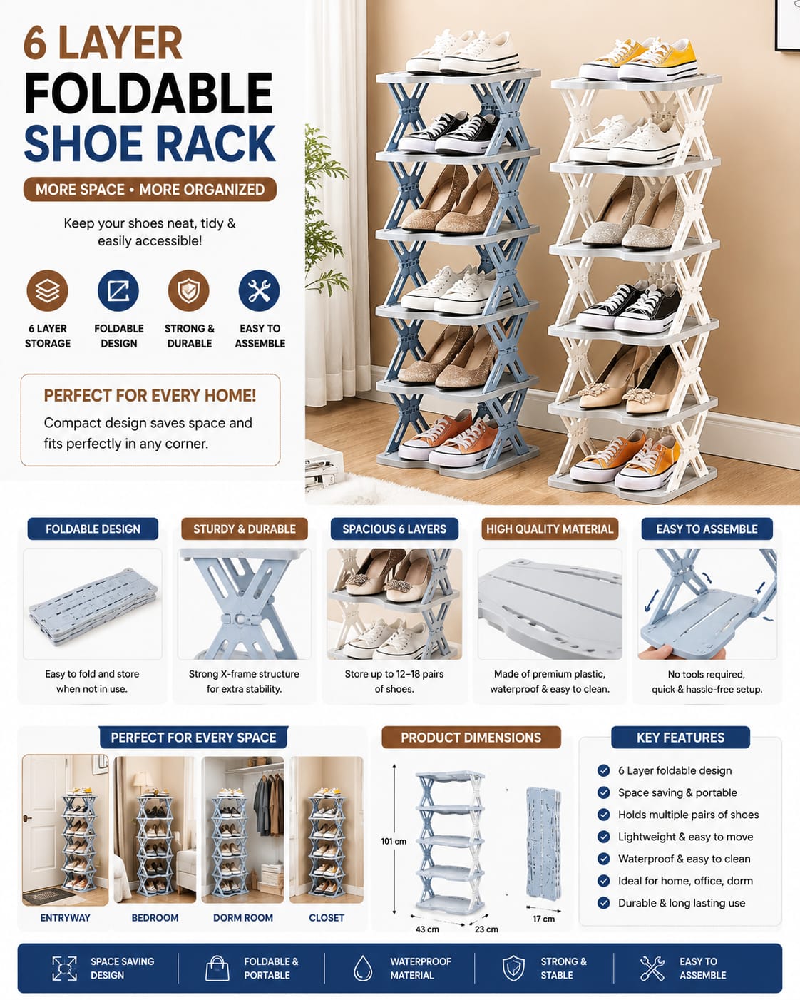 6-Tier Foldable Shoe Rack – Space Saving Shoe Organizer Stand