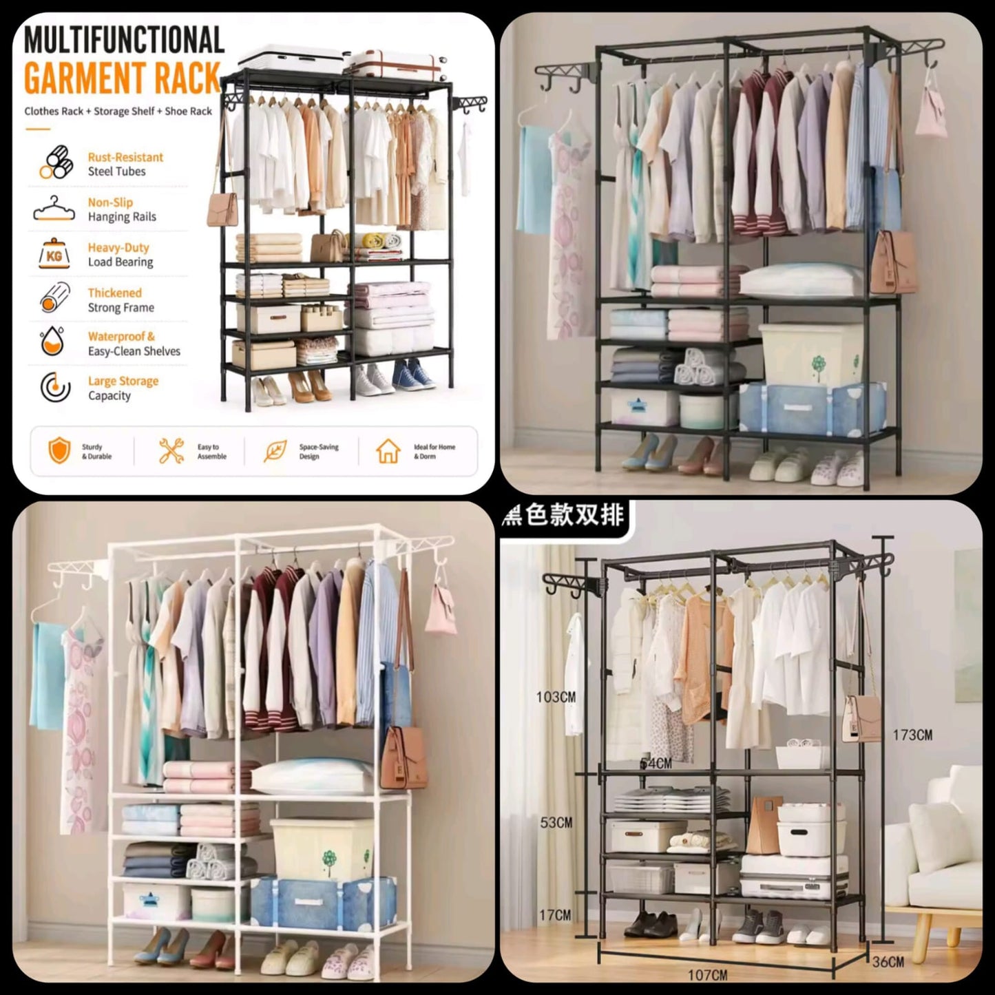Heavy Duty Double Rod Garment Rack with Storage Shelves & Side Hooks