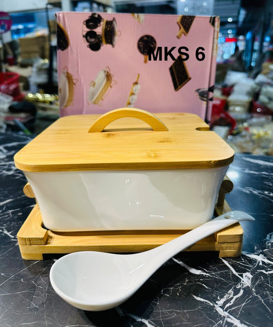 Ceramic Food Warmer Dish with Bamboo Lid & Stand