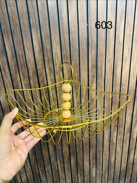 Luxury Golden Hanging Fruit Basket with Wooden Bead Handle