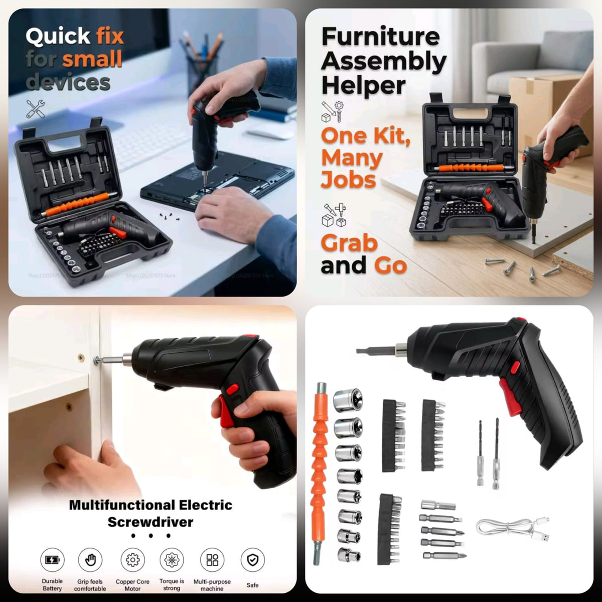 Cordless Electric Screwdriver Set with Bits, Socket Attachments & Flexible Extension Tool Kit