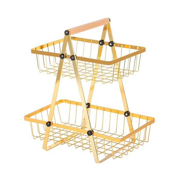2-Tier Carry & Serve Fruit Basket with Wooden Handle Space Saving Metal Storage Rack