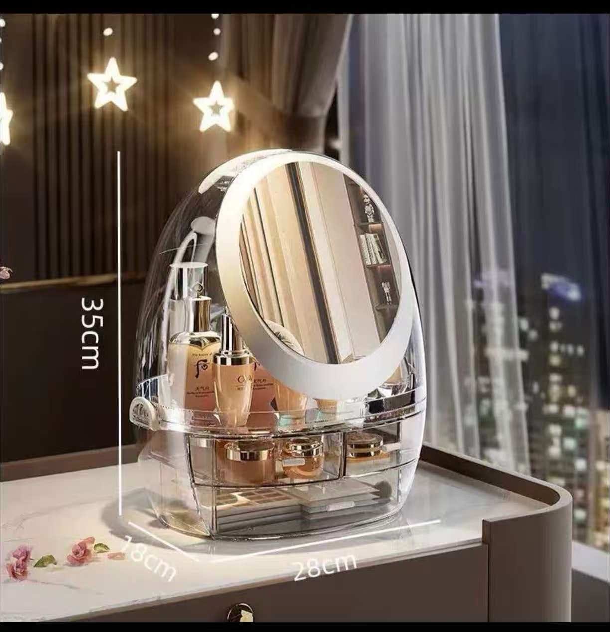Luxury LED Makeup Organizer with Mirror – Dustproof Cosmetic Storage Box with Drawers