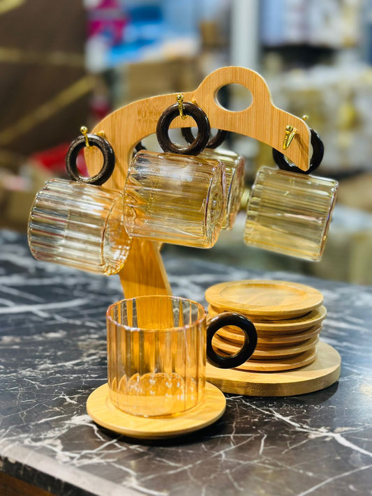 Luxury Glass Cup & Saucer Set with Wooden Stand