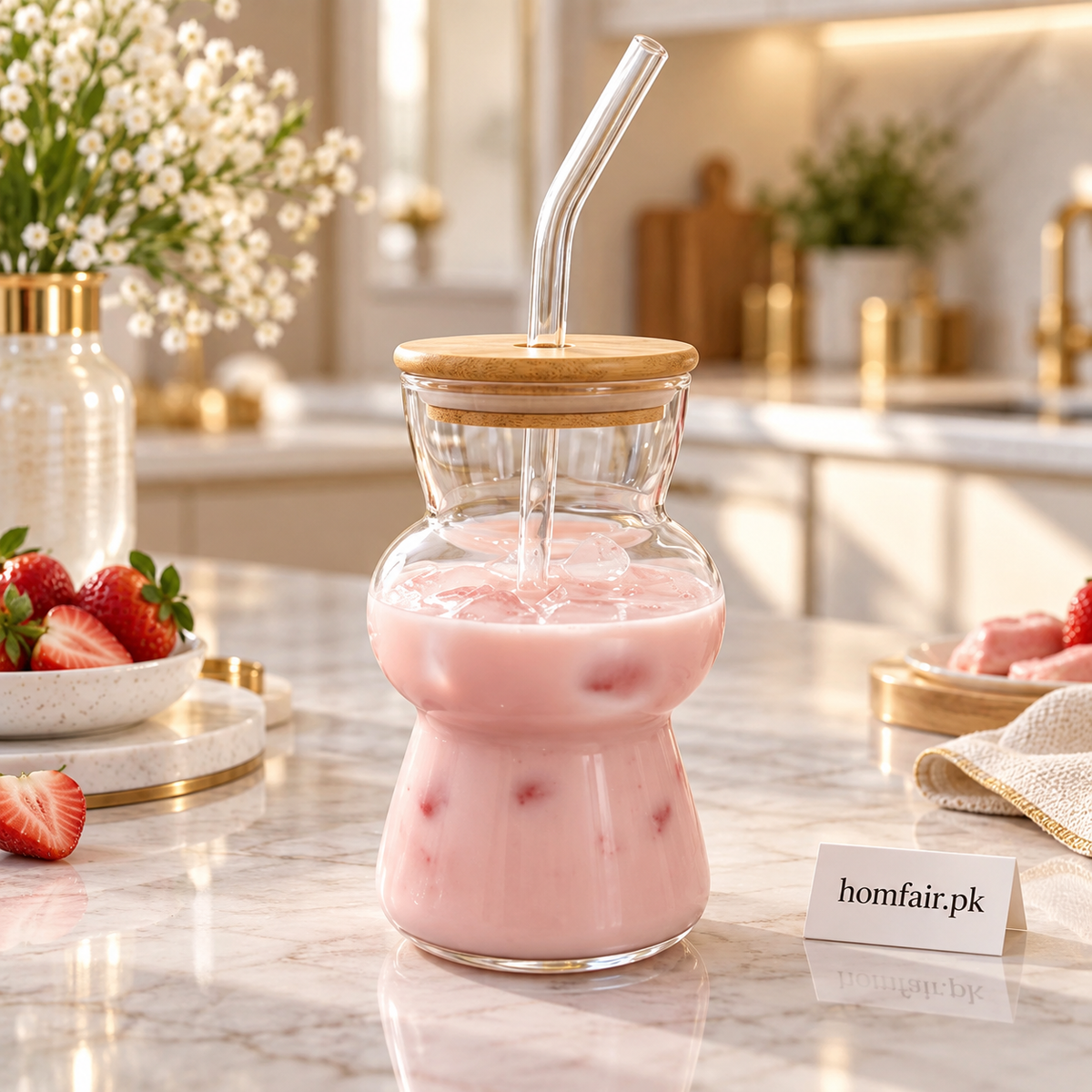 Aesthetic Glass Sipper with Bamboo Lid & Straw – 450ml
