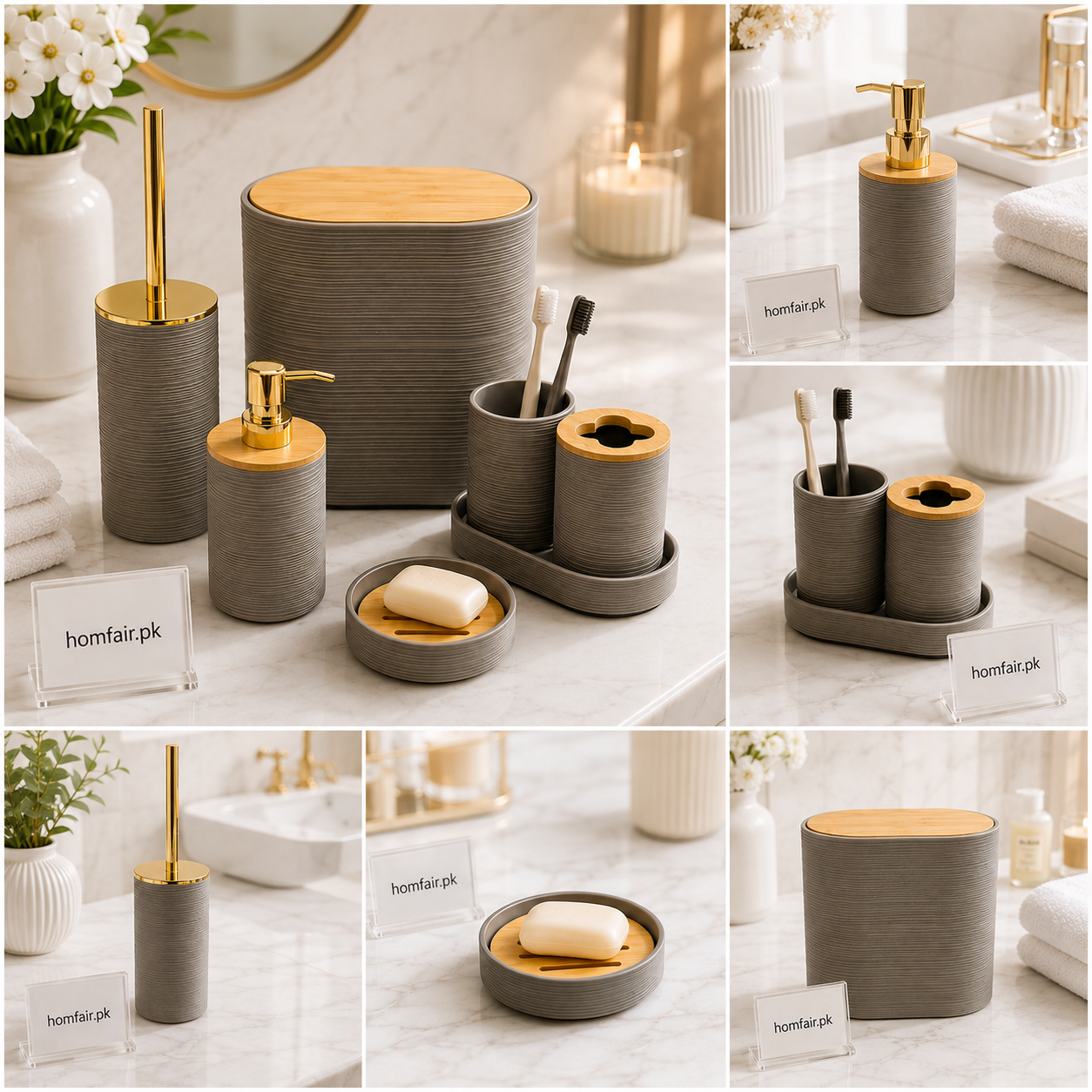 Luxury Grey Bathroom Accessories Set with Bamboo Lid – 6 Piece Bathroom Organizer Set