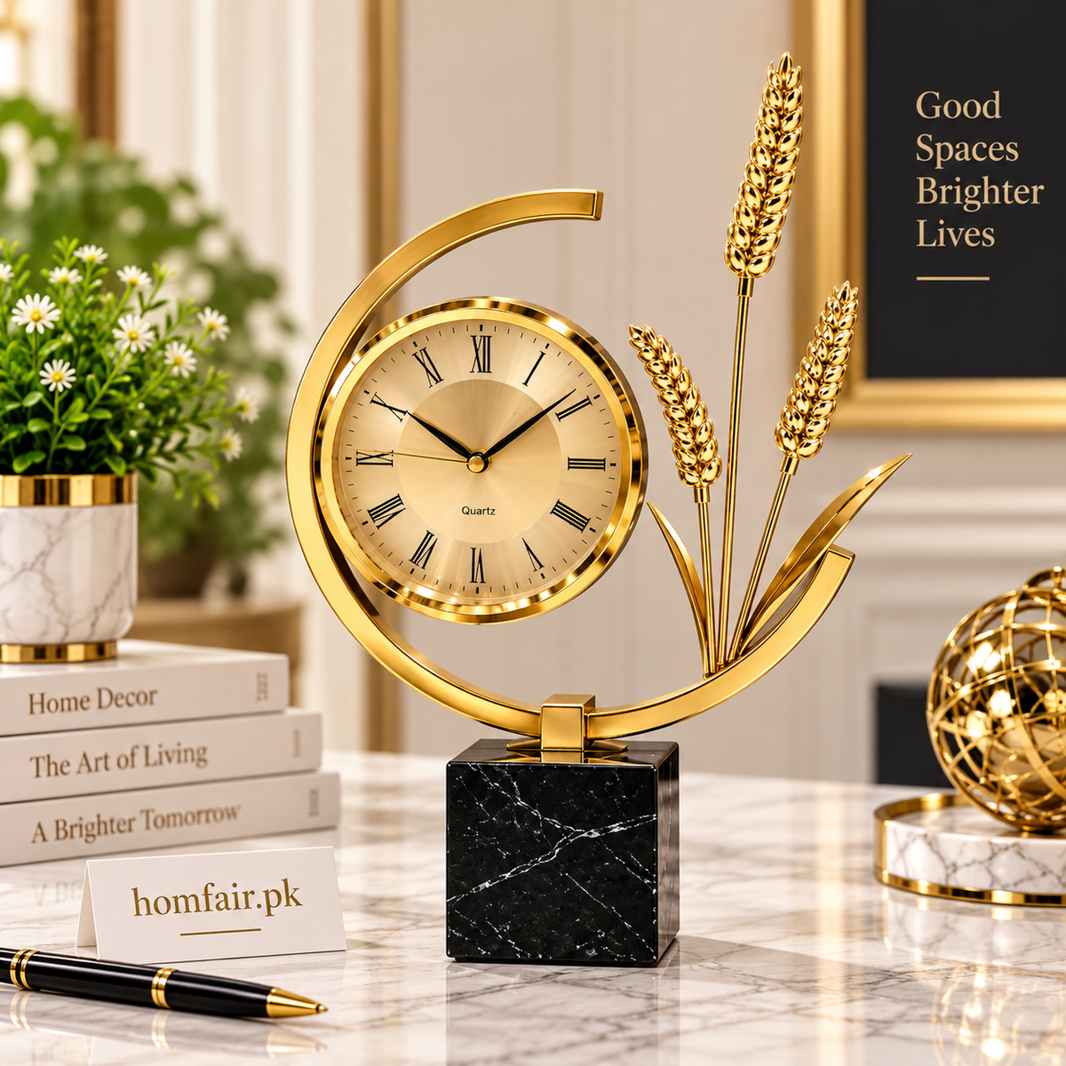 Luxury Gold Botanical Table Clock – Elegant Nature-Inspired Quartz Desk & Home Décor Showpiece