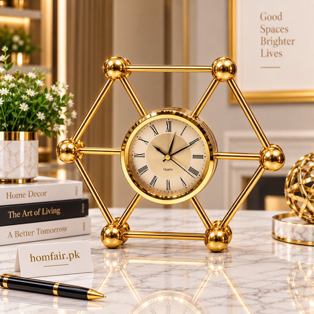 Luxury Gold Geometric Table Clock – Elegant Modern Quartz Desk & Home Décor Showpiece
