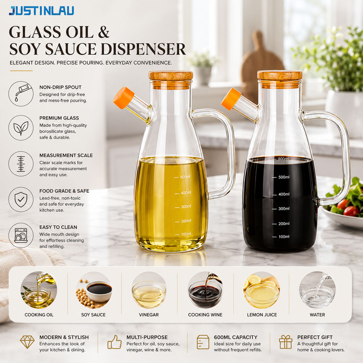 600ml Glass Oil Dispenser Bottle with Wooden Lid & Leakproof Pour Spout