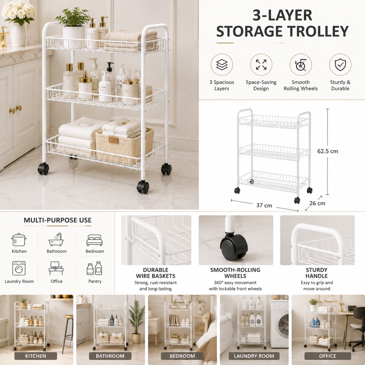 Danny Home 3-Layers Storage Trolley – 37 × 26 × 62.5 cm