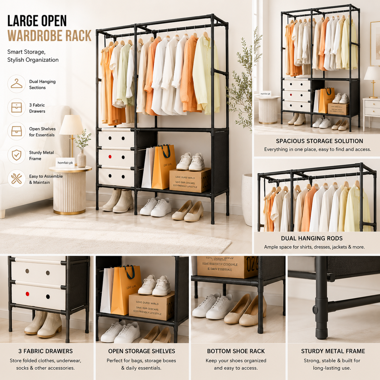 Large Open Wardrobe Rack with 2 Hanging Sections, 3 Drawers & Shoe Storage
