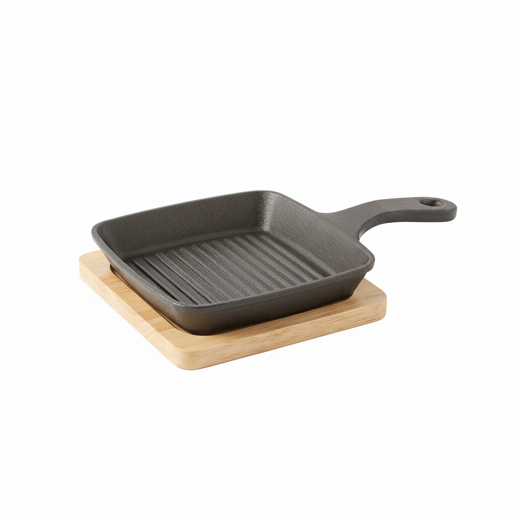Danny Home Premium 15cm Cast Iron Ribbed Griddle with Bamboo Base