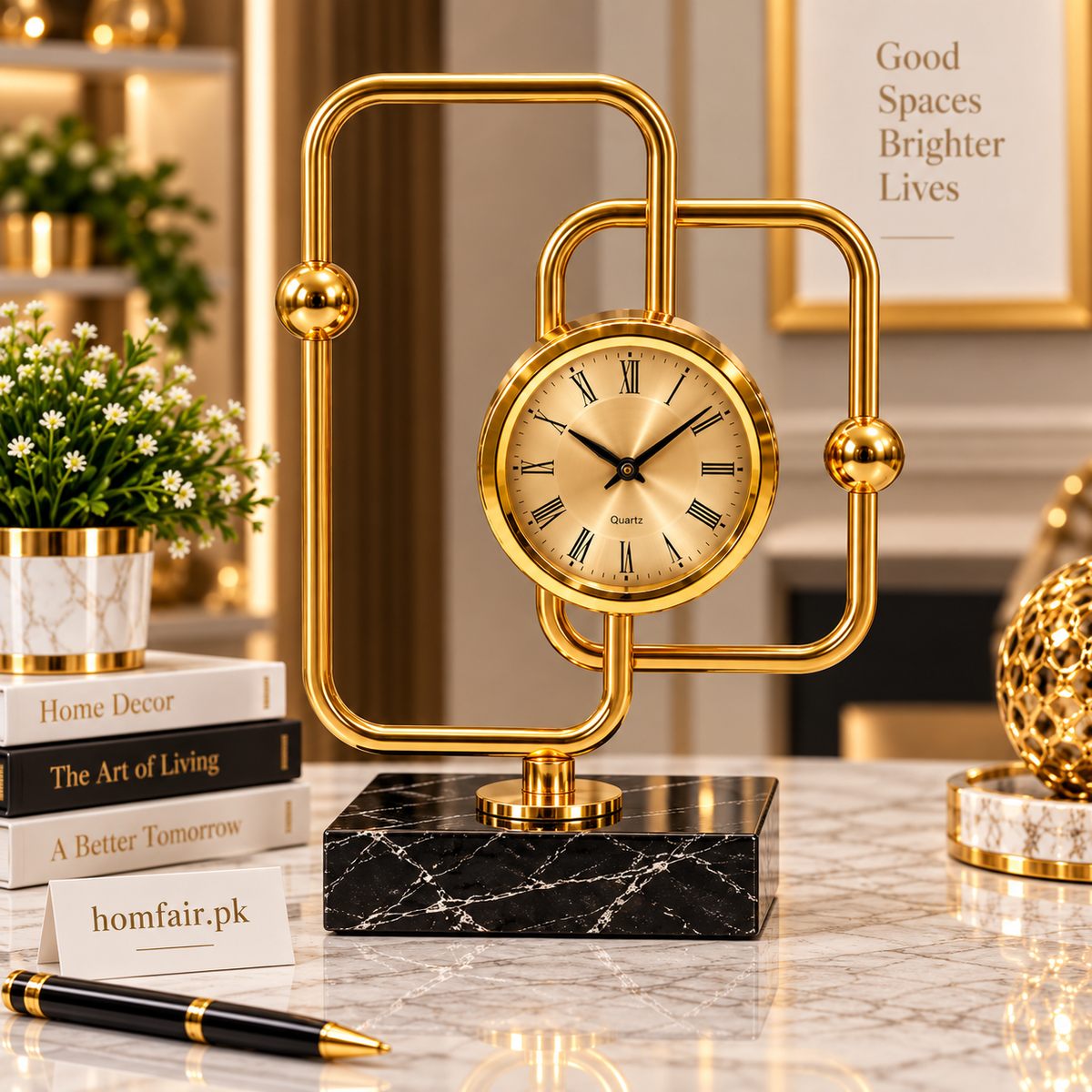 Luxury Gold Geometric Table Clock – Modern Decorative Desk Clock