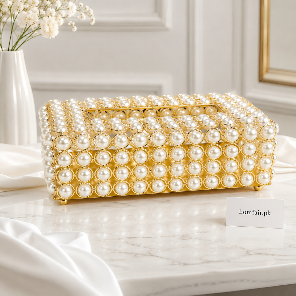 Premium Pearl & Gold Tissue Box Holder Luxury Home Décor