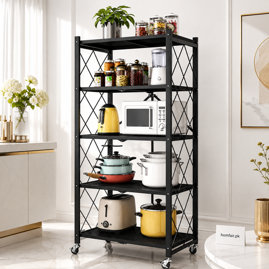 Foldable Heavy-Duty Multilayers Kitchen Storage Rack with Wheels