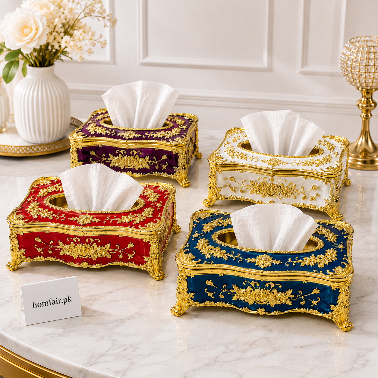 Luxury Decorative Metal Tissue Box with Elegant Gold Detailing and Raised Legs