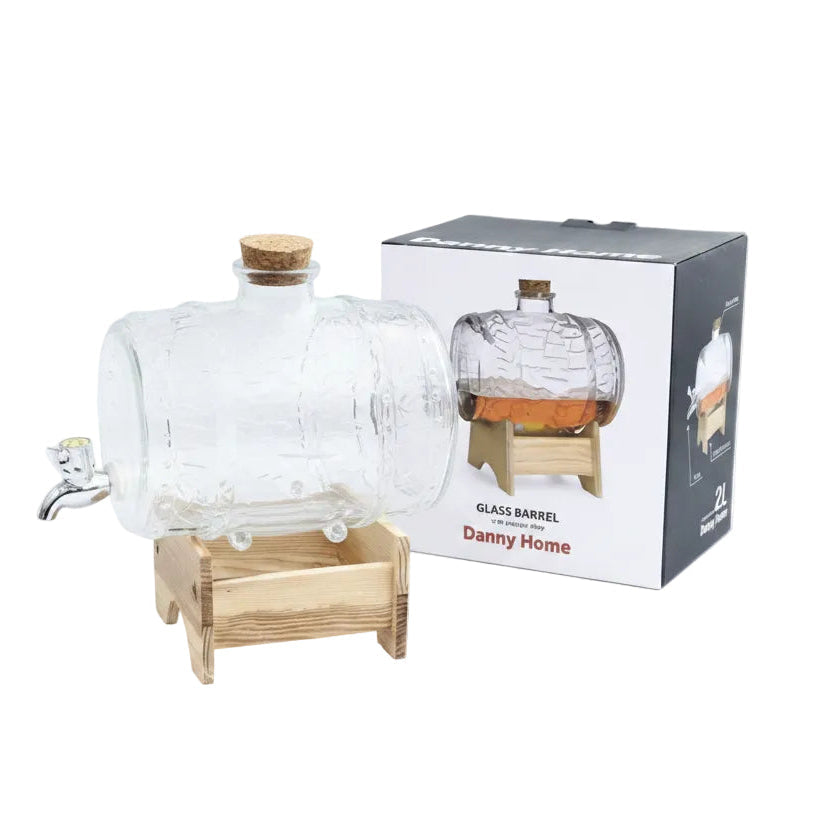 Danny Home Premium 2L Glass Barrel Drink Dispenser with Wooden Stand & Tap for Juice, Iced Tea & Infused Drinks