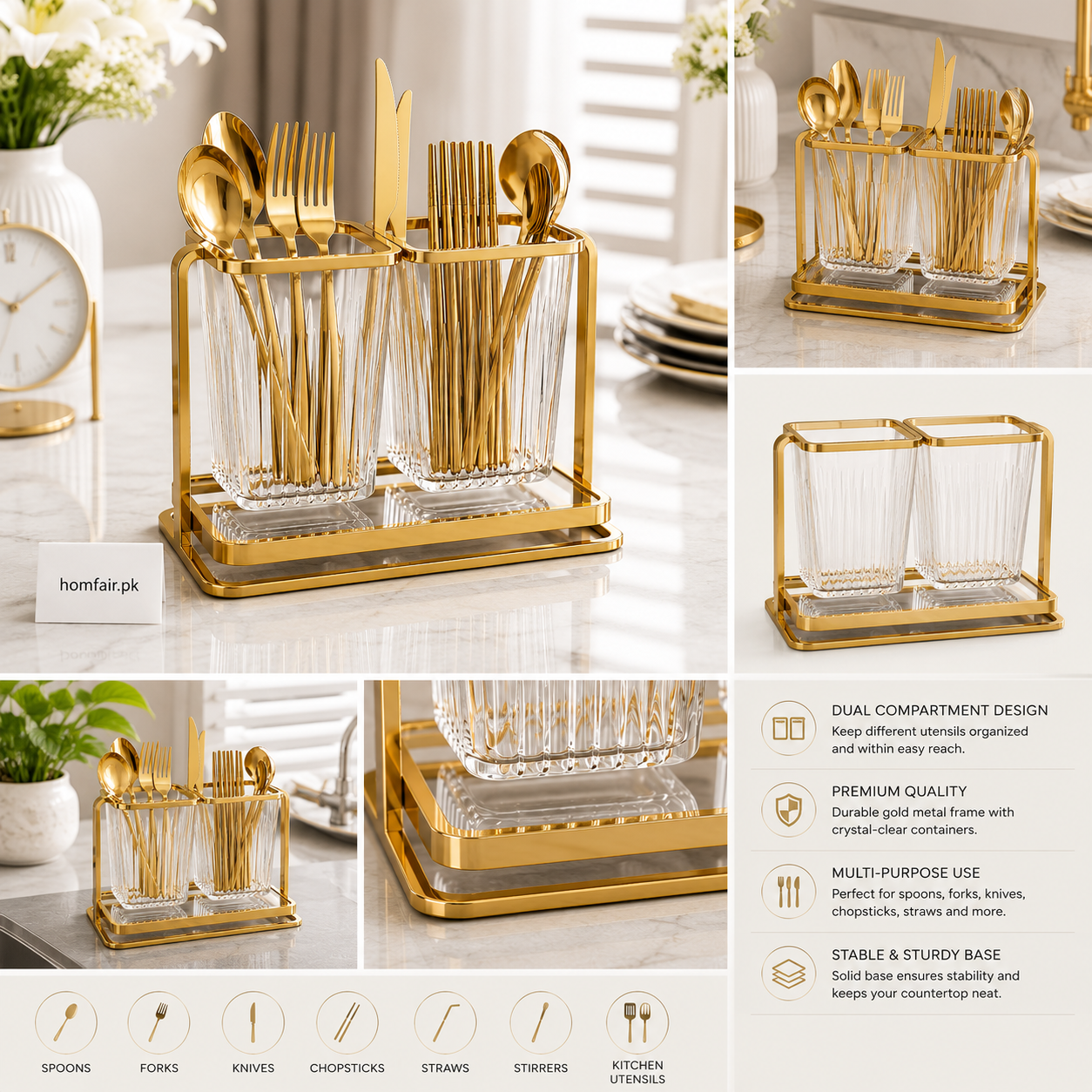 Luxury Gold Cutlery Holder Organizer 2-Compartment Countertop Utensil Stand (Not Inculded Cutlery Only Stand)