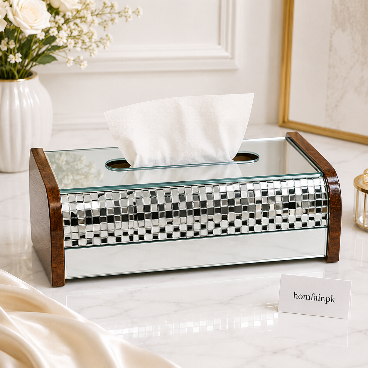 Premium Wooden & Silver Crystal Tissue Box Holder
