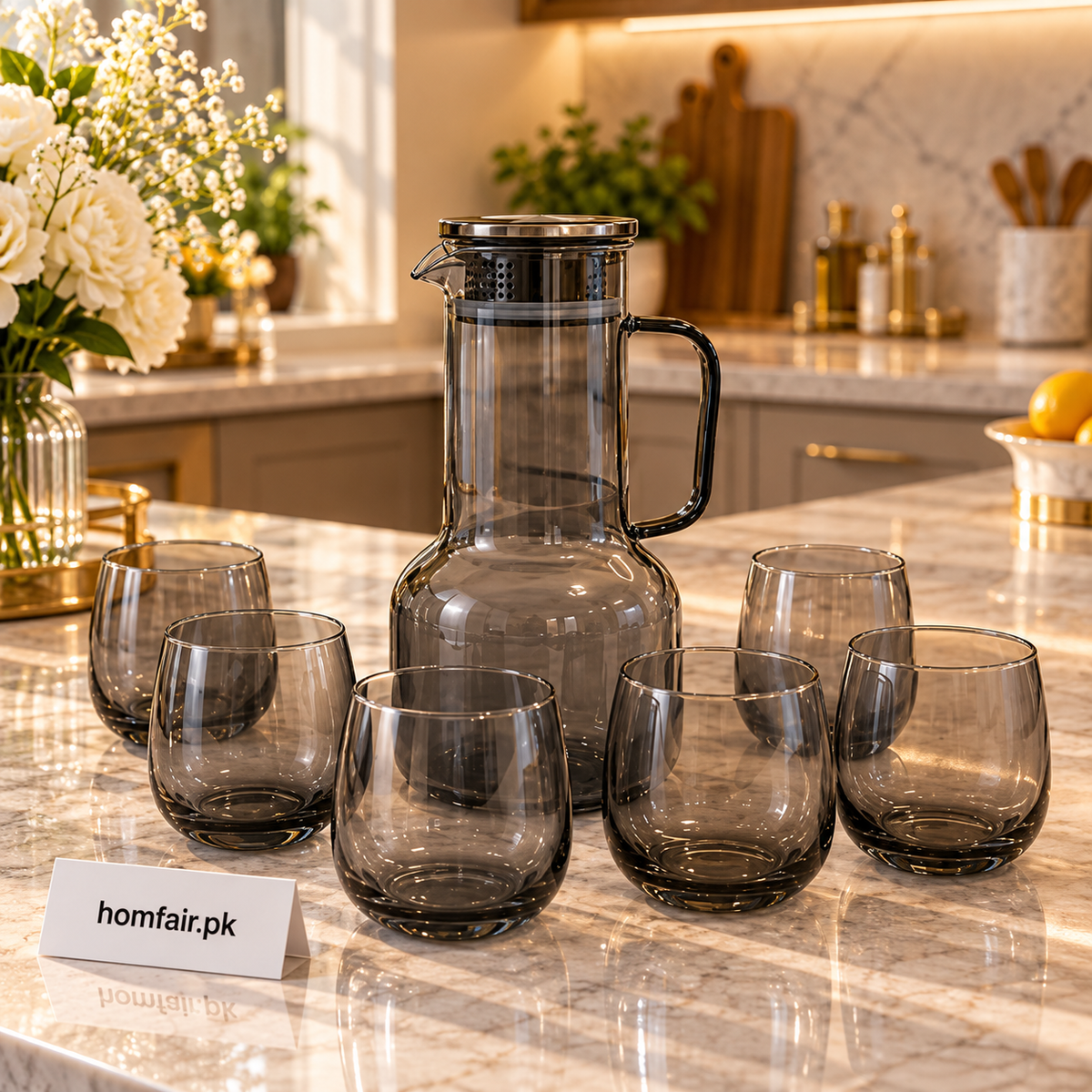 Aero Luxe 7-Piece Ribbed Glass Carafe & Hexagonal Tumbler Set