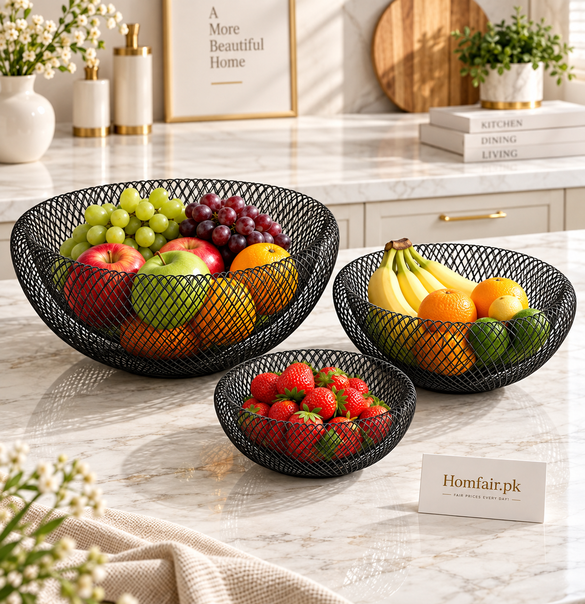 Black Round Metal Fruit Basket Set – 3 Pieces