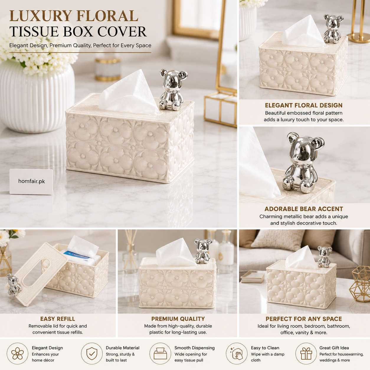 Luxury Plastic Floral Tissue Box Cover with Decorative Bear Premium Tissue Holder