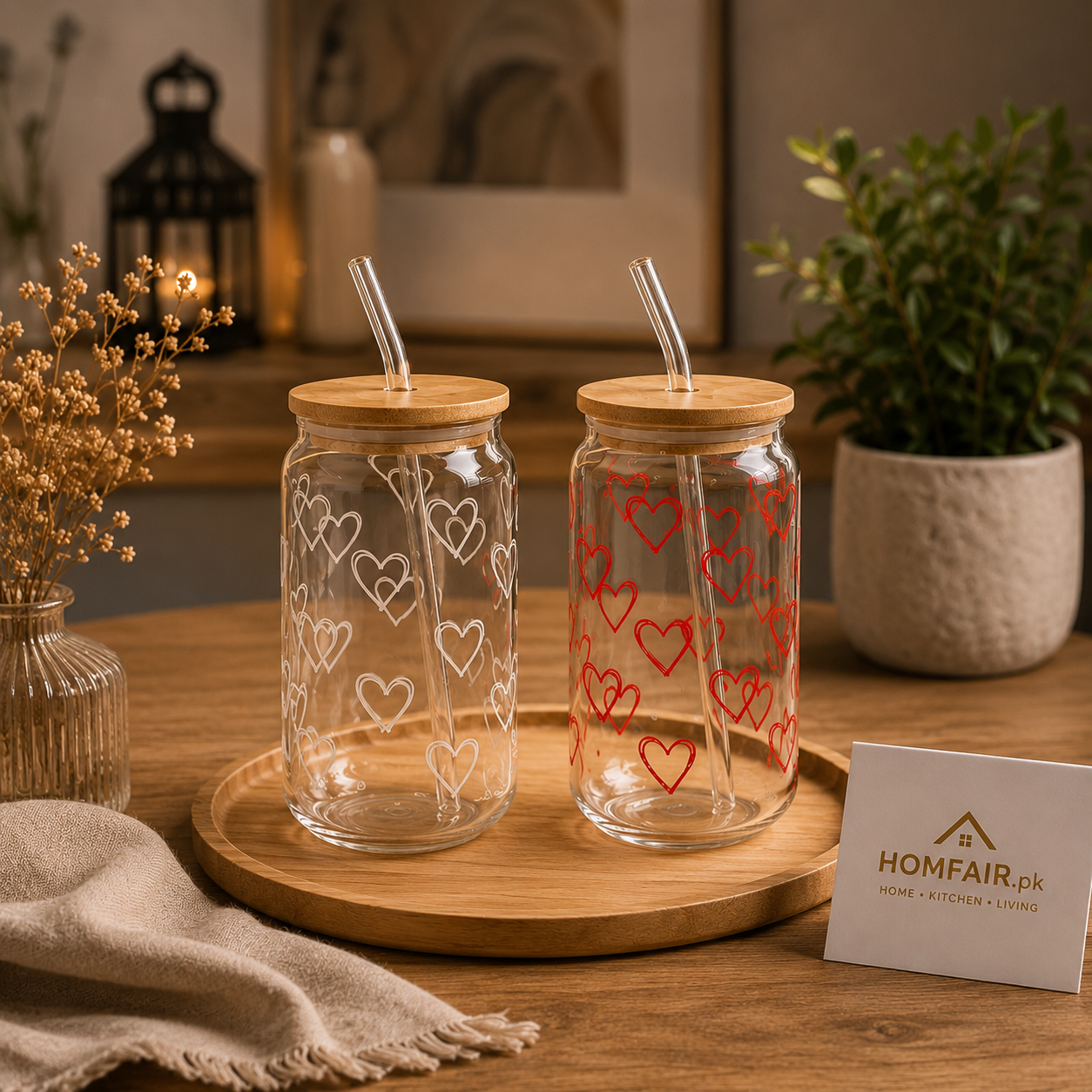 Heart Print Glass Tumbler Set with Bamboo Lid & Straw (1 Pcs)