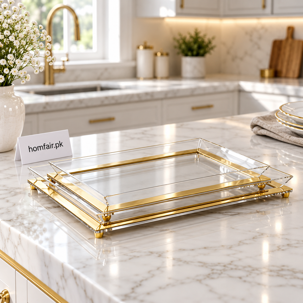 2 Pcs Acrylic Tray Set – Gold Trim & Raised Feet
