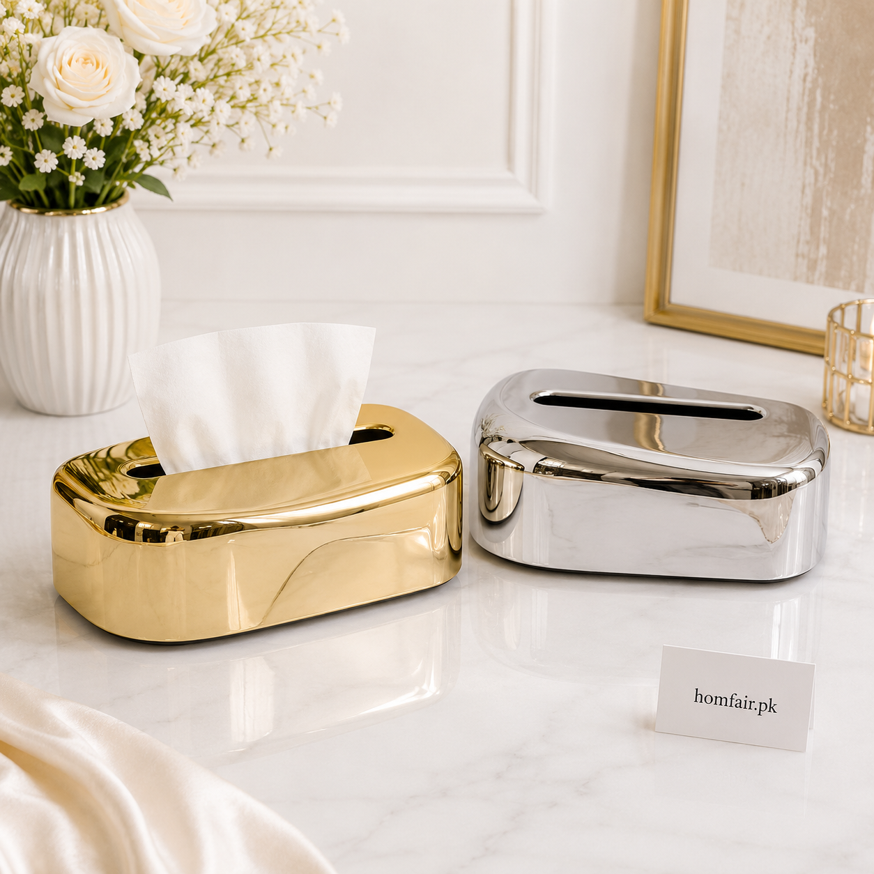 Luxury Curved Plastic Gold & Silver Tissue Box Holder – Modern Decorative Tissue Cover