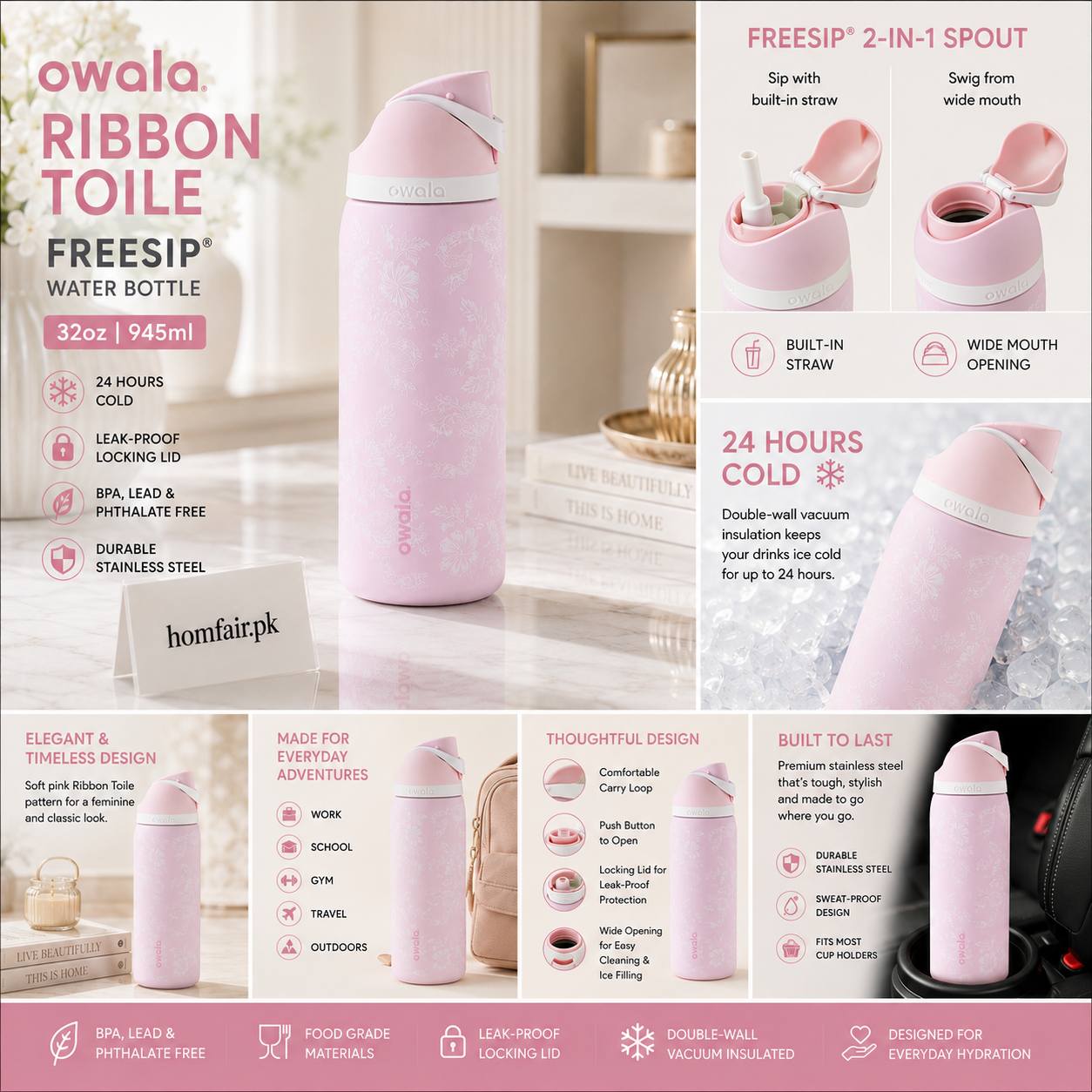 Owala Ribbon Toile Insulated Water Bottle – 32oz