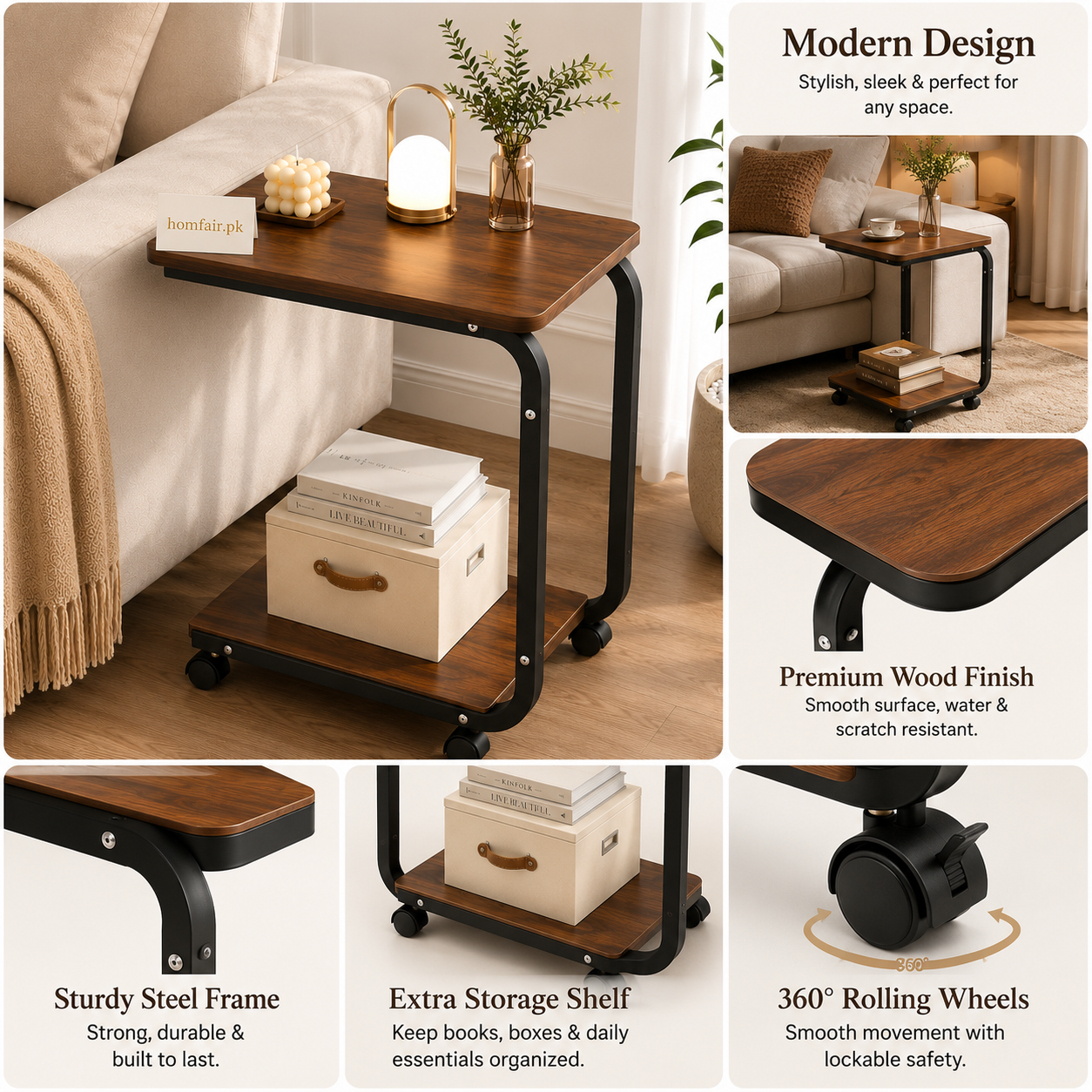 Premium C-Shaped Side Table with Storage Shelf & Wheels