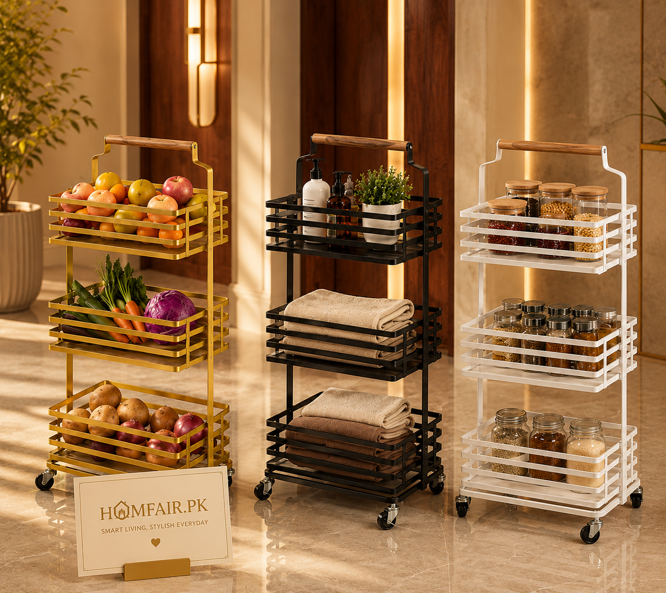 3 Tier Rolling Storage Basket Trolley Organizer for Kitchen, Bathroom, Laundry & Home Essentials Storage Rack with Wheels