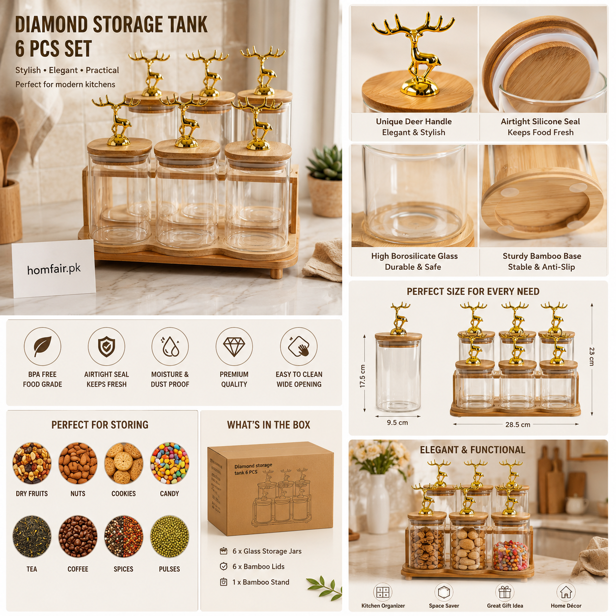 Premium 6-Piece Glass Storage Jar Set with Gold Deer Lid & Bamboo Stand