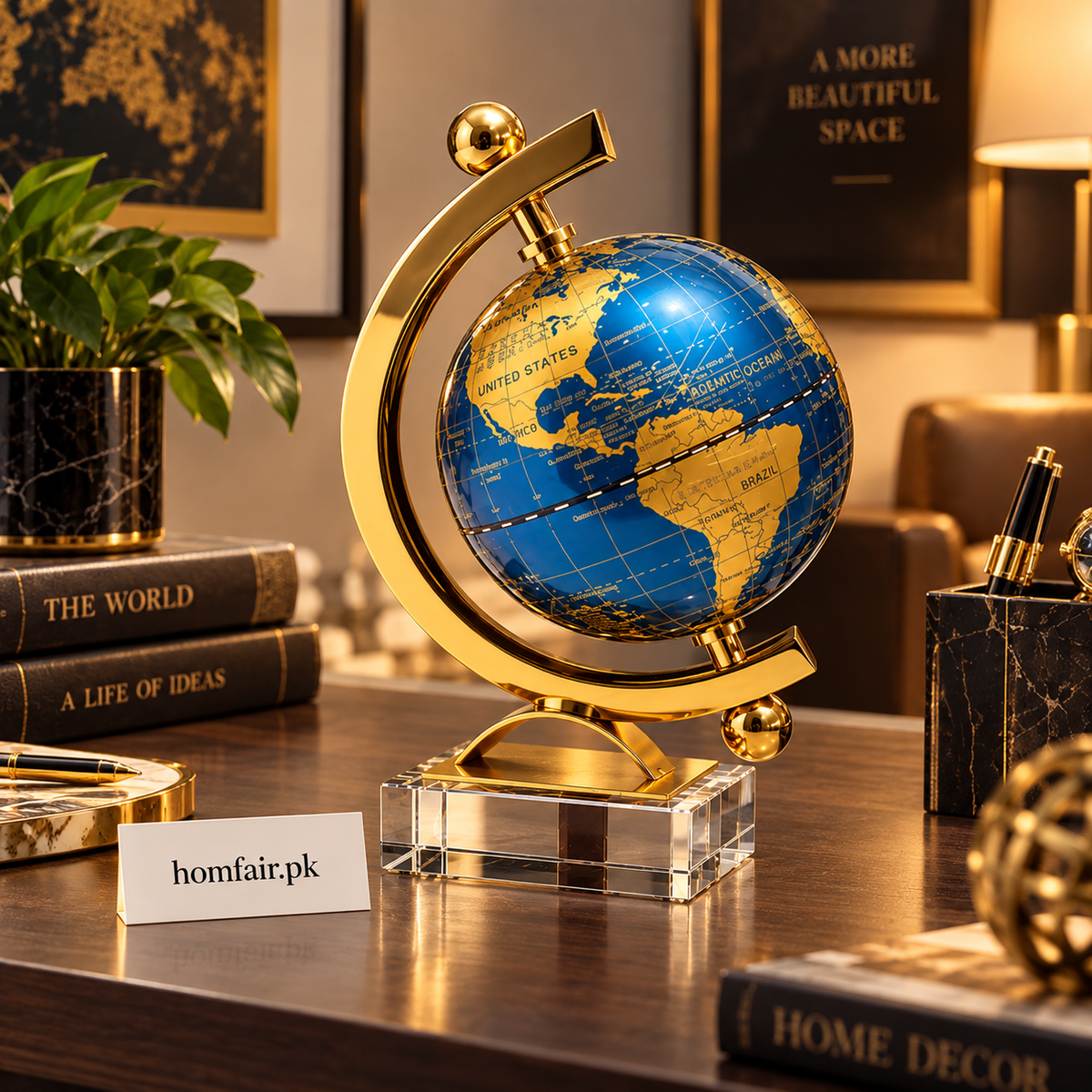 Luxury Blue & Gold Decorative Globe Showpiece – Elegant World Map Desk & Table Decor